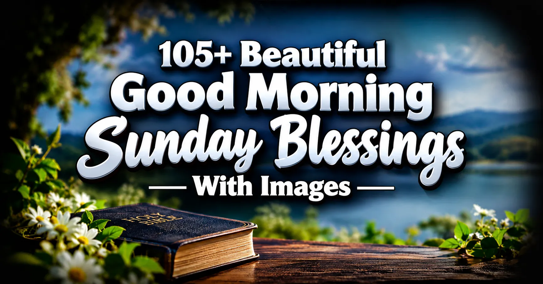 Good morning Sunday blessings with a Holy Bible, beautiful flowers, and a peaceful lake landscape.