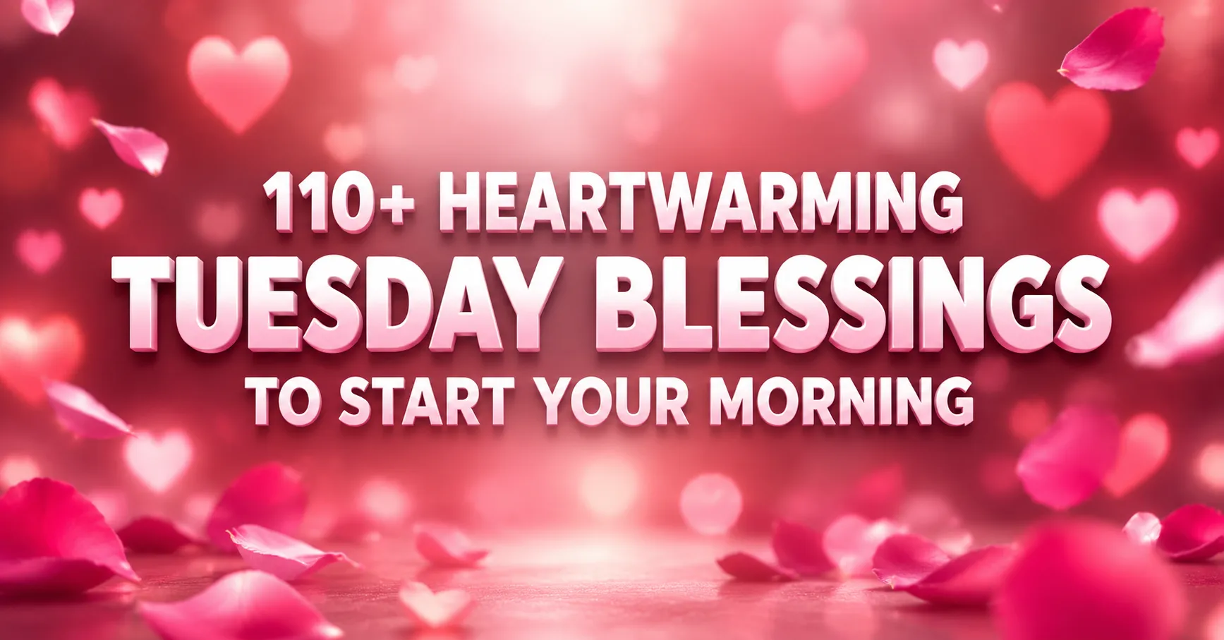 110+ heartwarming Tuesday blessings to start your morning, shown on a pink background with hearts and rose petals