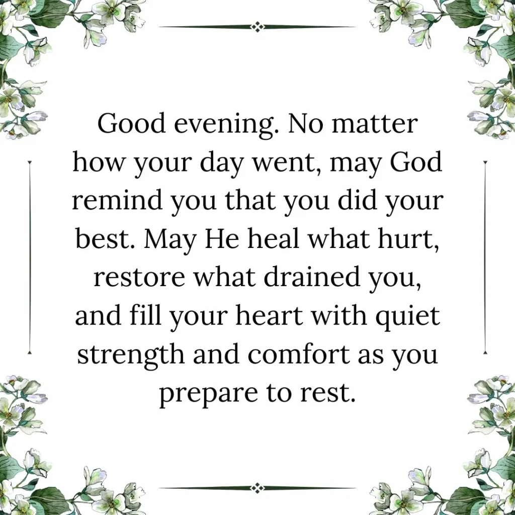 Good evening blessings and prayers image with Bible-inspired message, peaceful night prayer quote for loved ones