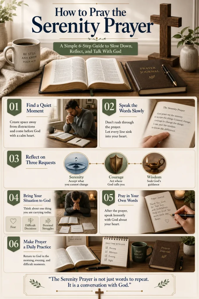 How to pray the Serenity Prayer in 6 simple steps with guidance on finding quiet time, reflecting on serenity courage wisdom, and talking with God
