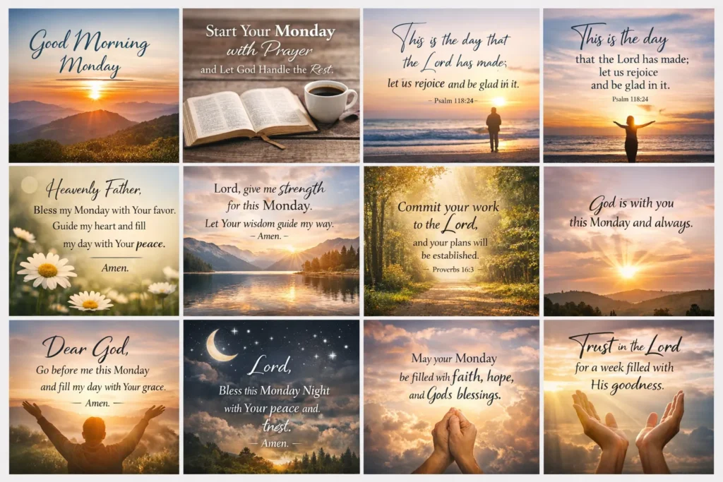 Monday morning blessings and prayers image declaring faith over fear and God’s peace for the entire day