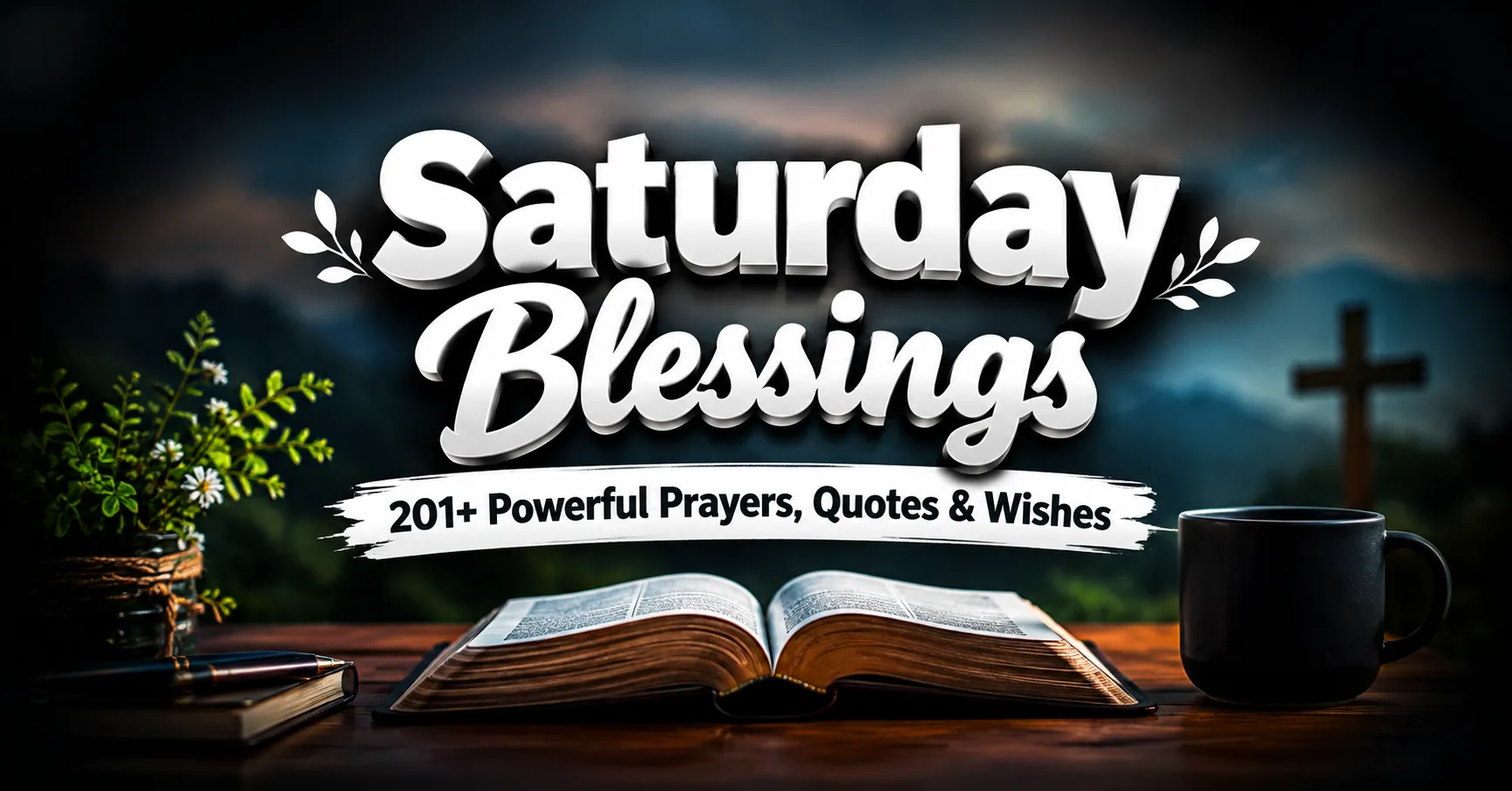 Saturday Blessings with 201+ powerful prayers, quotes and wishes beside an open Bible and cross