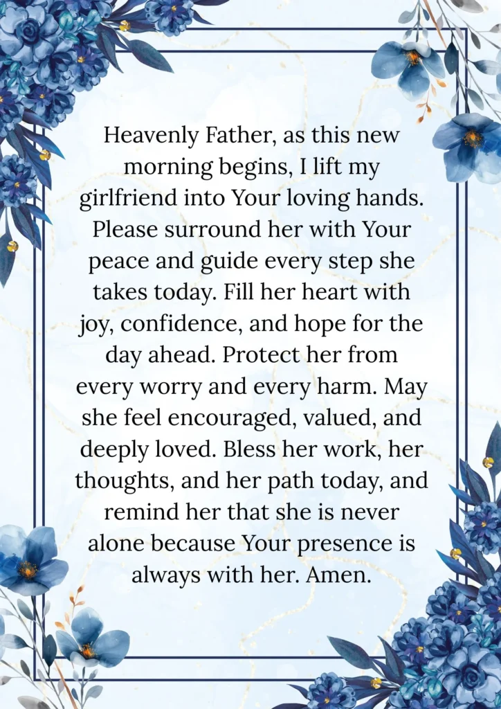 Morning prayer for girlfriend asking God to guide, protect, and bless her day with peace, joy, and love