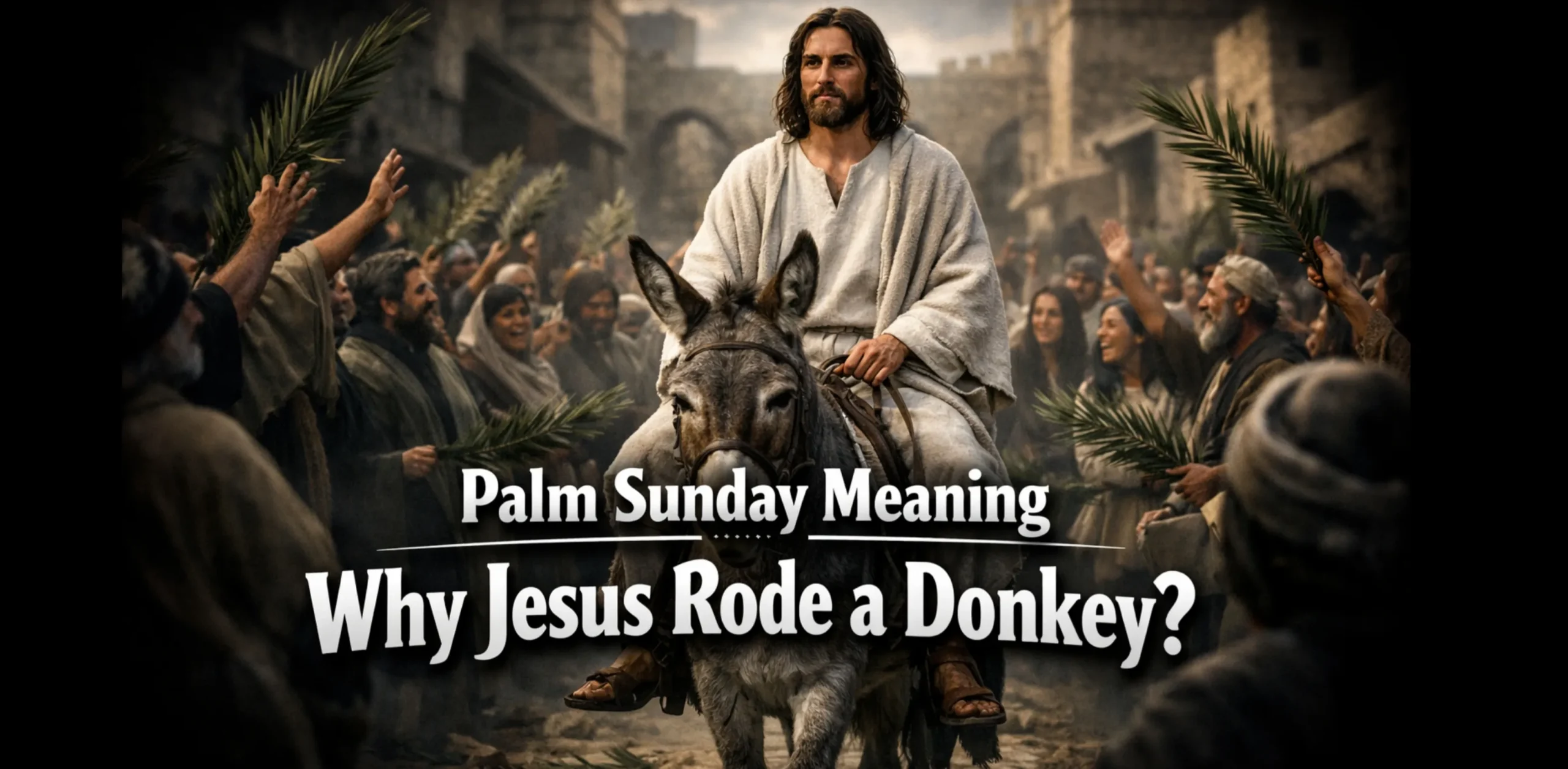 Jesus riding a donkey into Jerusalem on Palm Sunday, showing the true Palm Sunday Meaning