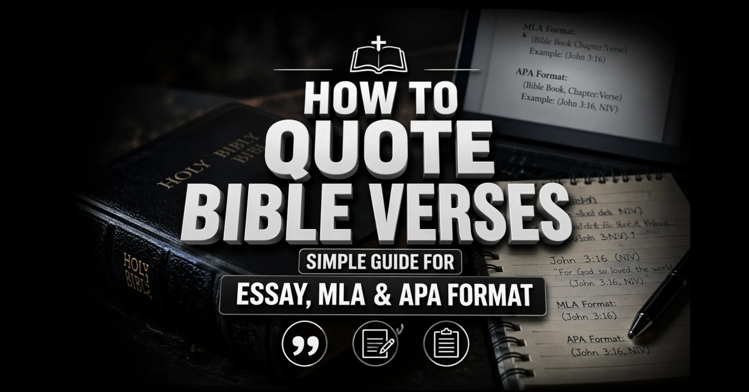 How to quote Bible verses guide showing MLA and APA citation examples with Bible open and notes for essay writing