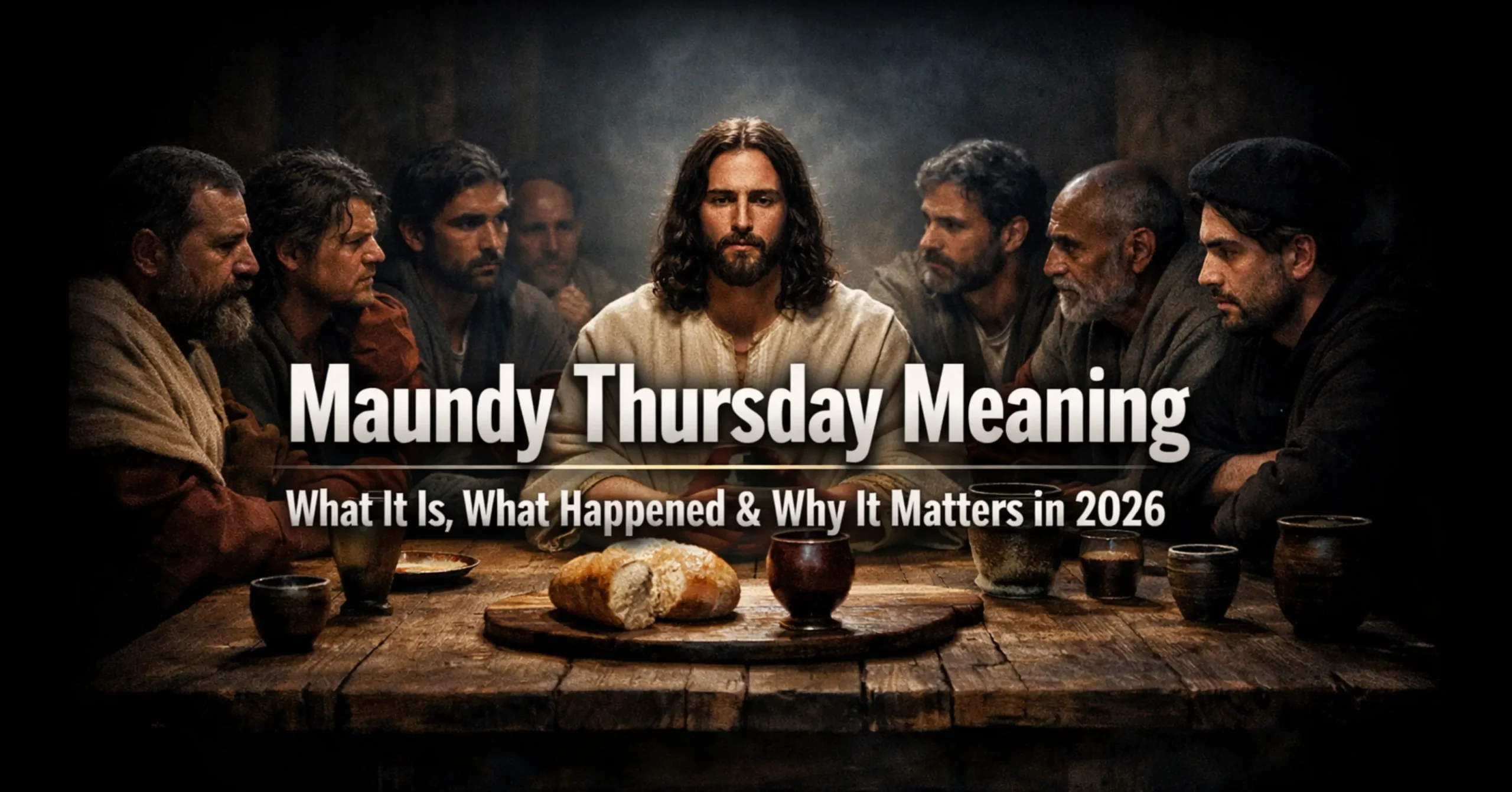 Maundy Thursday meaning illustration showing Jesus Last Supper and foot washing with disciples