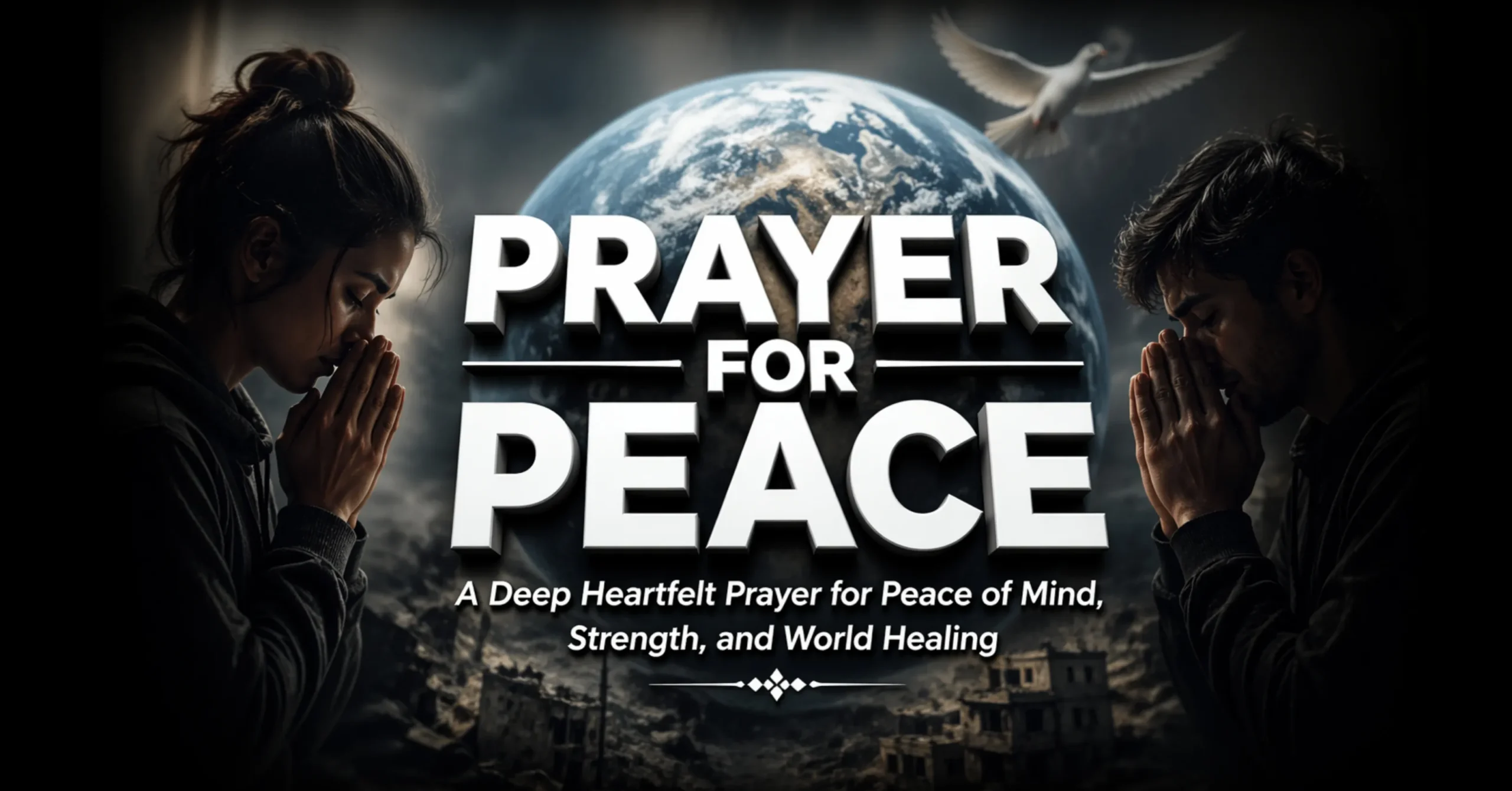 Prayer for peace of mind, strength, comfort and world peace with a calm spiritual background