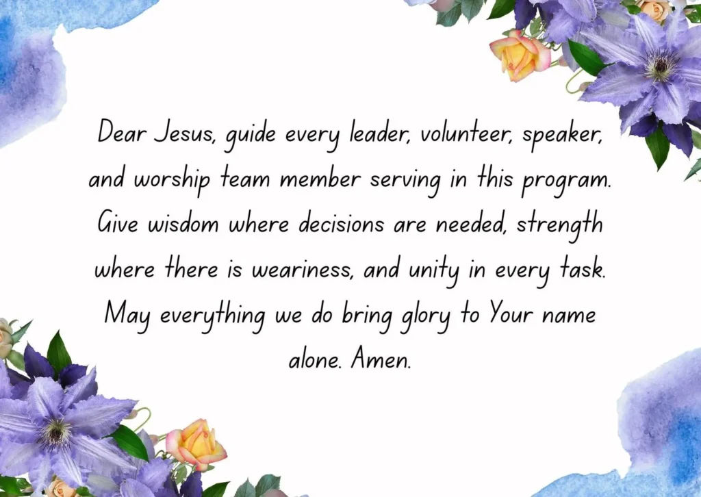 Prayer points for upcoming program for church leaders, volunteers, speakers, and worship team members
