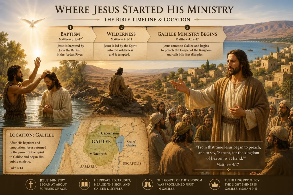 Where Jesus started His ministry in Galilee Bible timeline infographic baptism Jordan River