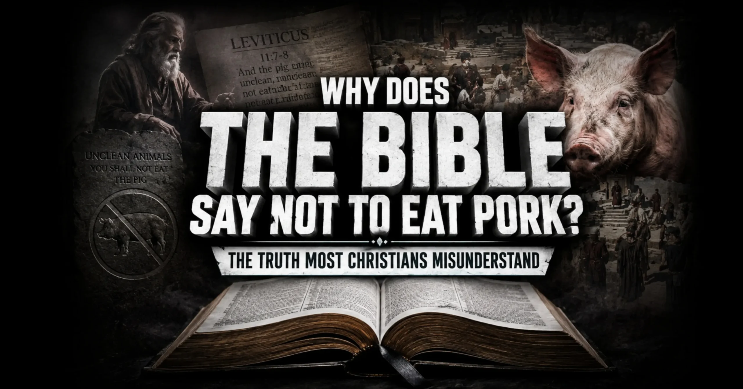 Why does the Bible say not to eat pork with open Bible and biblical food laws illustration
