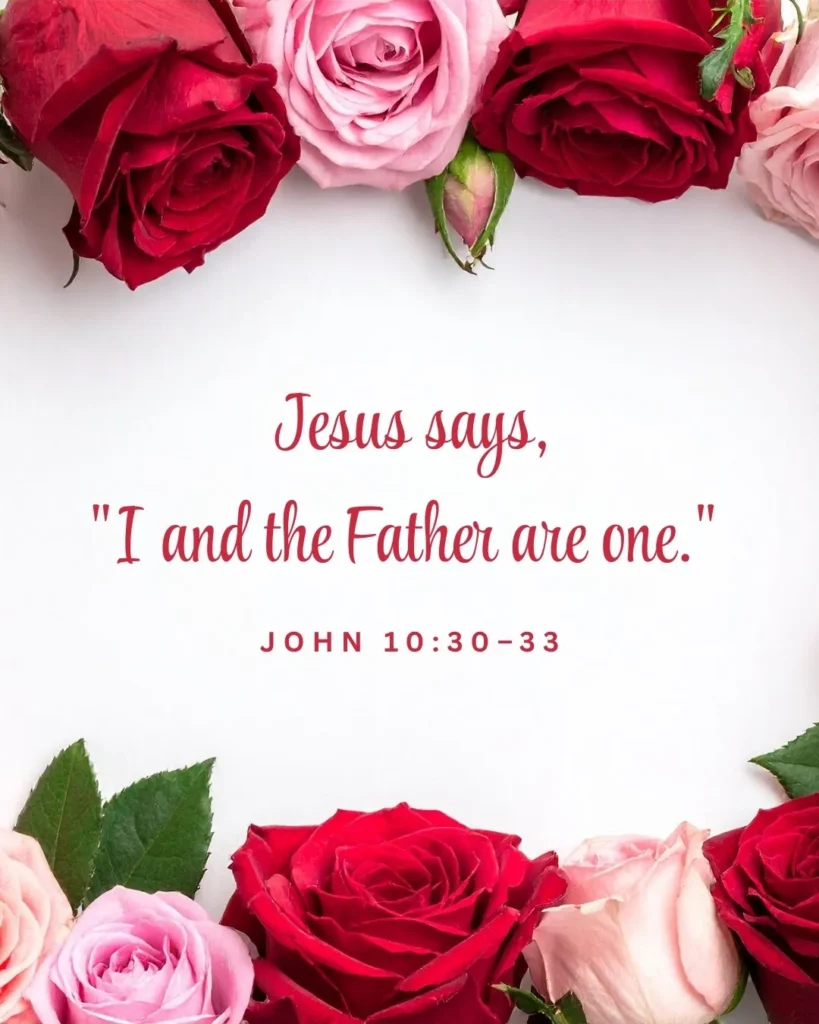 John 10:30–33 Bible verse artwork featuring the words of Jesus, “I and the Father are one,” displayed with elegant typography on a beautiful floral rose background symbolizing faith, love, and God's everlasting presence.