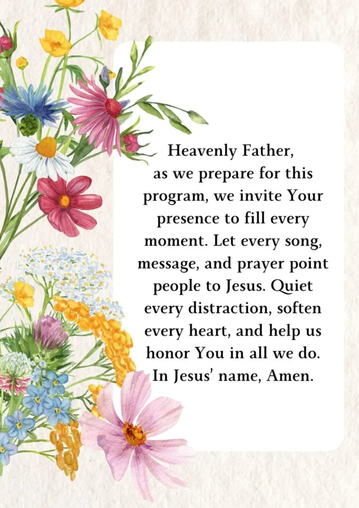 Prayer points for upcoming program asking for God's presence, guidance, and blessing over every part of the church event