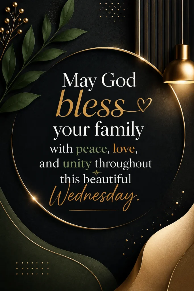 Premium Wednesday blessing poster with elegant typography and luxury artistic design, sharing a prayer for family peace, love, unity, happiness, and God's blessings.