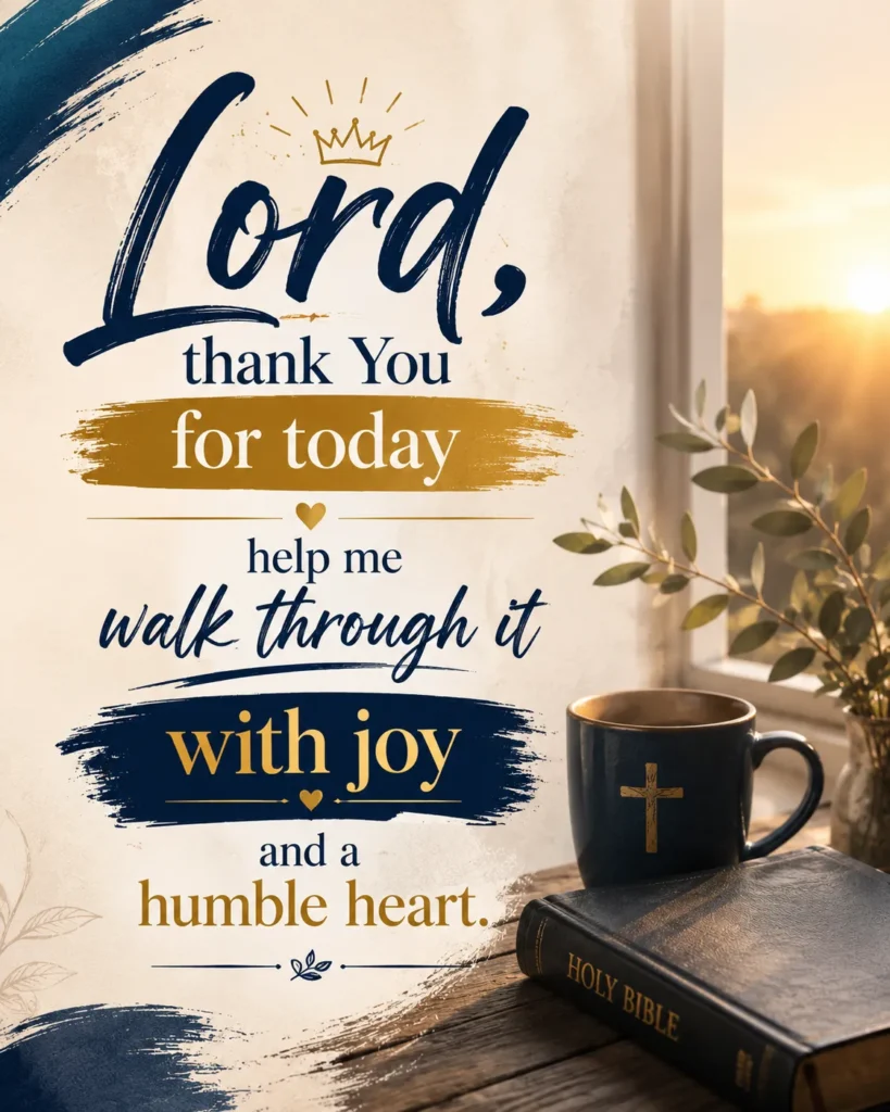 Christian prayer quote asking God for joy, gratitude, and a humble heart, featuring Bible and peaceful morning setting.