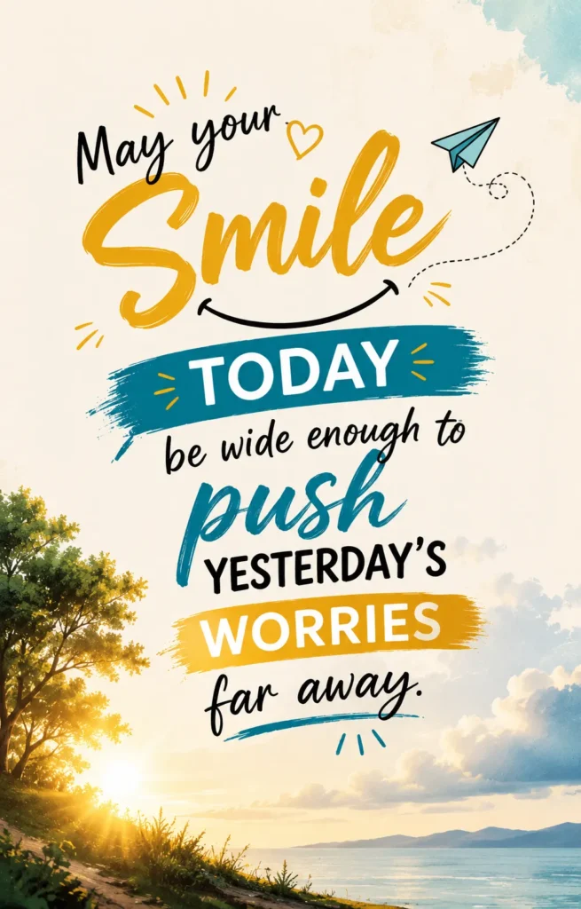 Motivational smile quote with bright sunrise background, encouraging positivity, happiness, hope, and freedom from yesterday's worries.