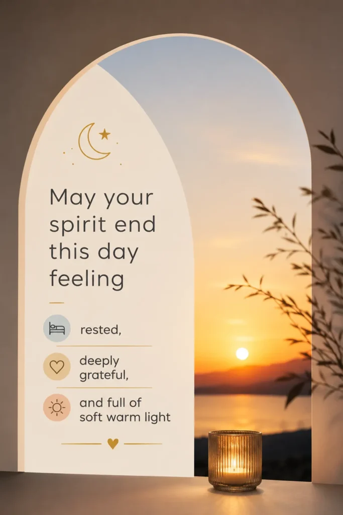 Peaceful evening gratitude quote with warm sunset light, encouraging rest, thankfulness, inner peace, and comfort at day's end.