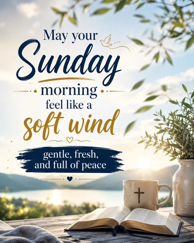 Inspirational Sunday morning blessing quote with peaceful nature background, open Bible, warm sunlight, and calming Christian faith message.