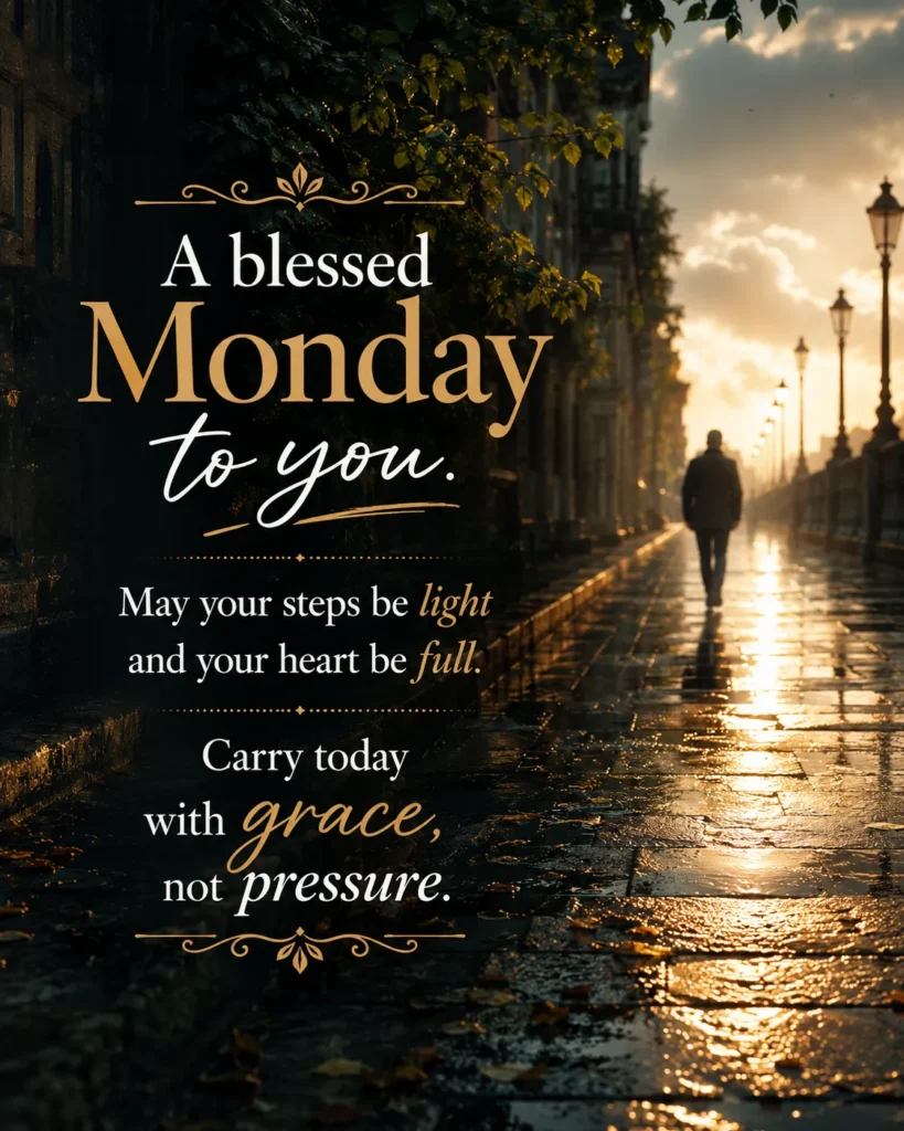 Inspirational Monday quote with a cinematic pathway scene and the message, “A blessed Monday to you. May your steps be light and your heart be full. Carry today with grace, not pressure.”