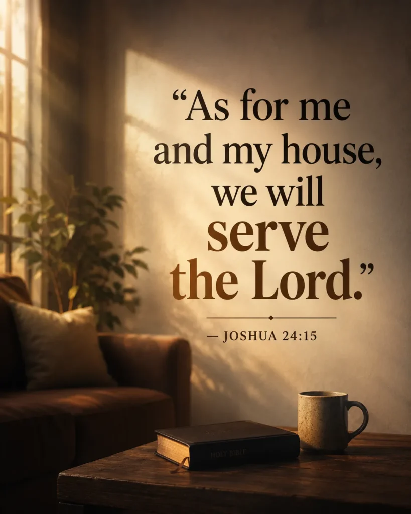 Joshua 24:15 Bible verse artwork featuring a faithful Christian home dedicated to serving the Lord with devotion and trust.
