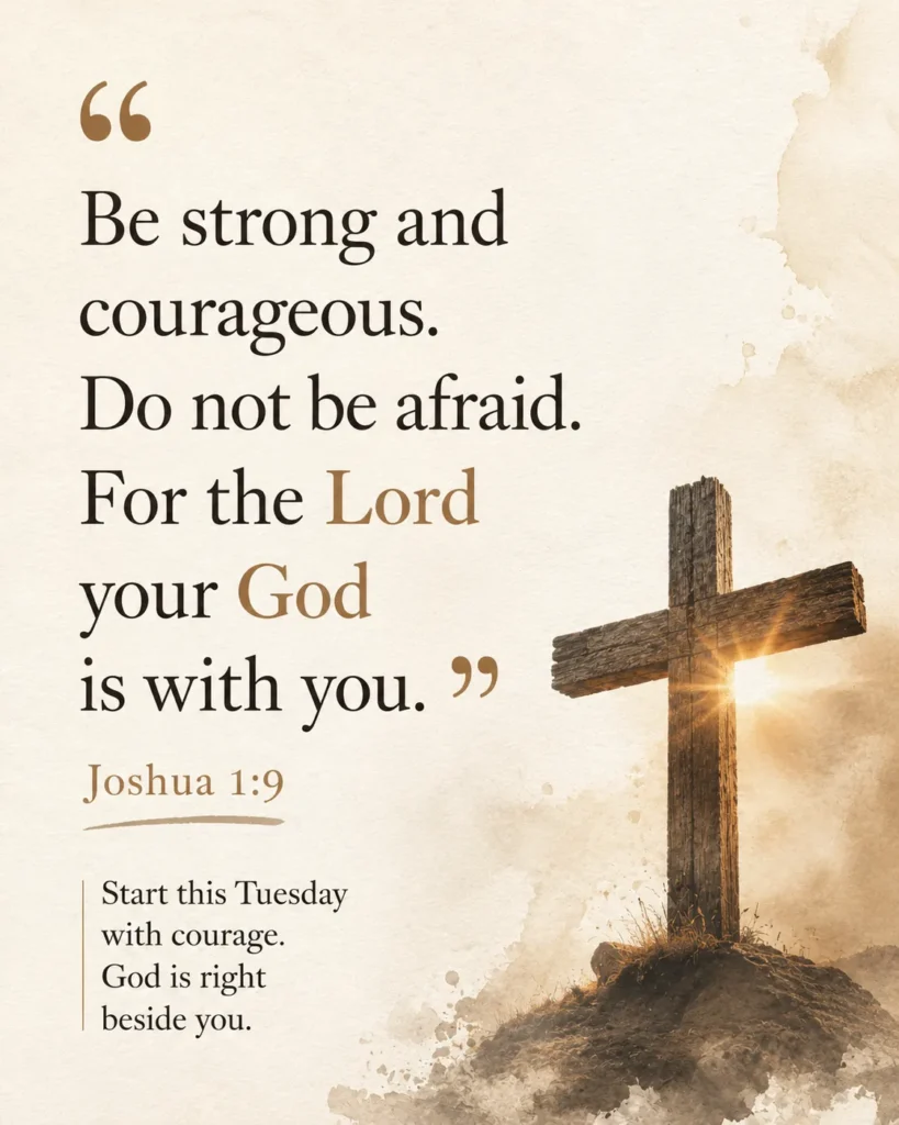 "Inspirational Christian poster featuring Joshua 1:9, a wooden cross, soft paper texture background, and a message of courage, faith, and God's presence on Tuesday."