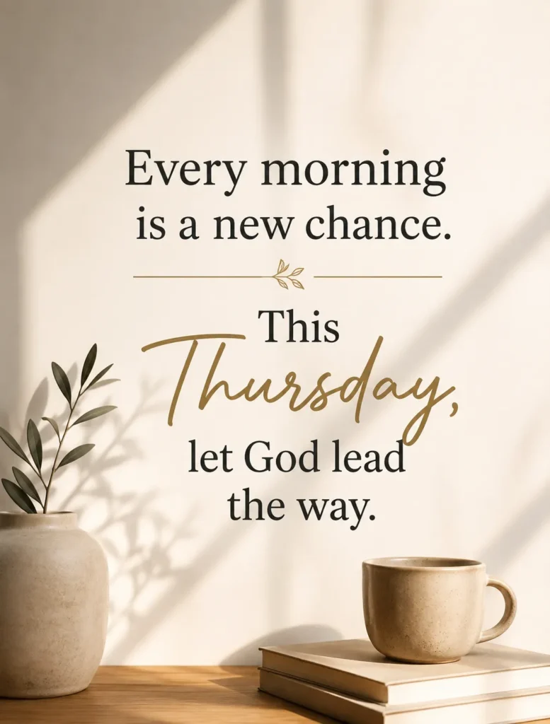 Minimal Christian quote poster with soft morning light and the message, “Every morning is a new chance. This Thursday, let God lead the way.