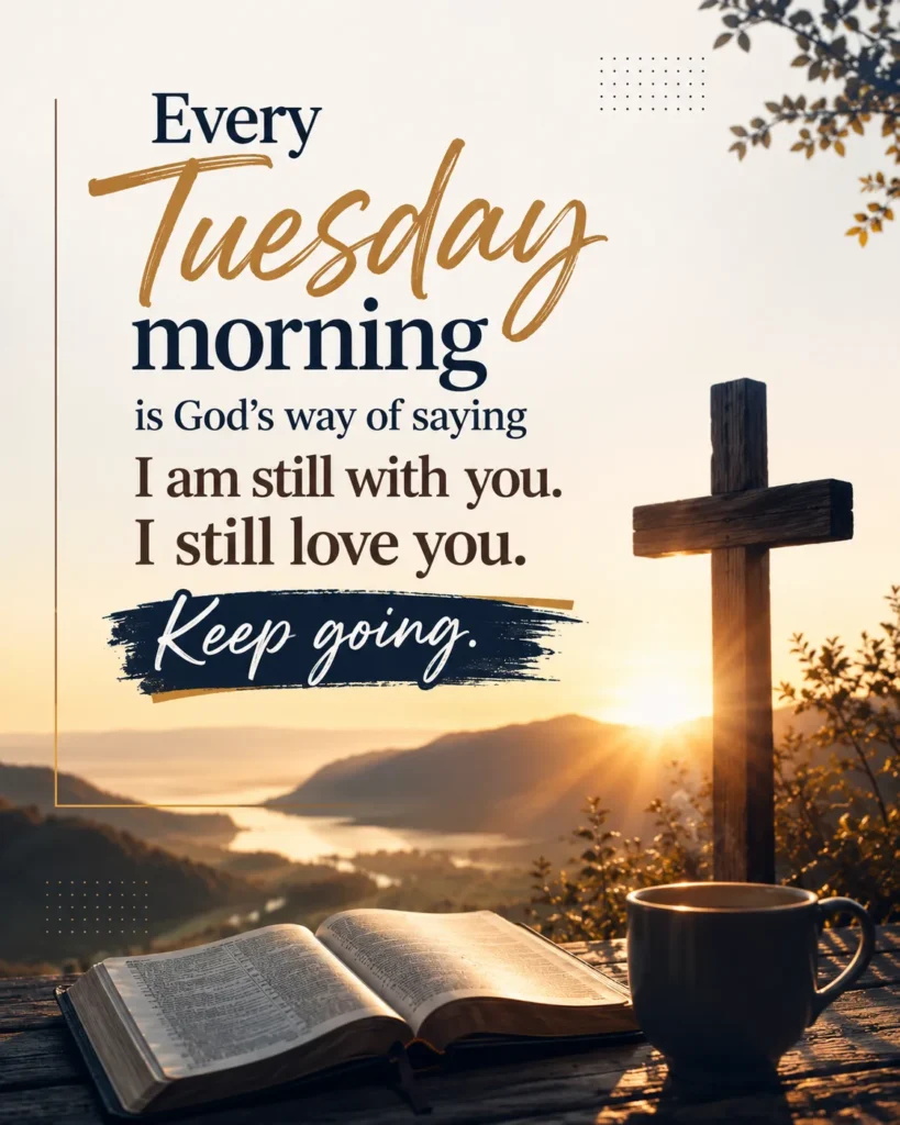 Tuesday morning blessings quote with cross, Bible and sunrise reminding us that God is still with us, loves us and encourages us to keep going