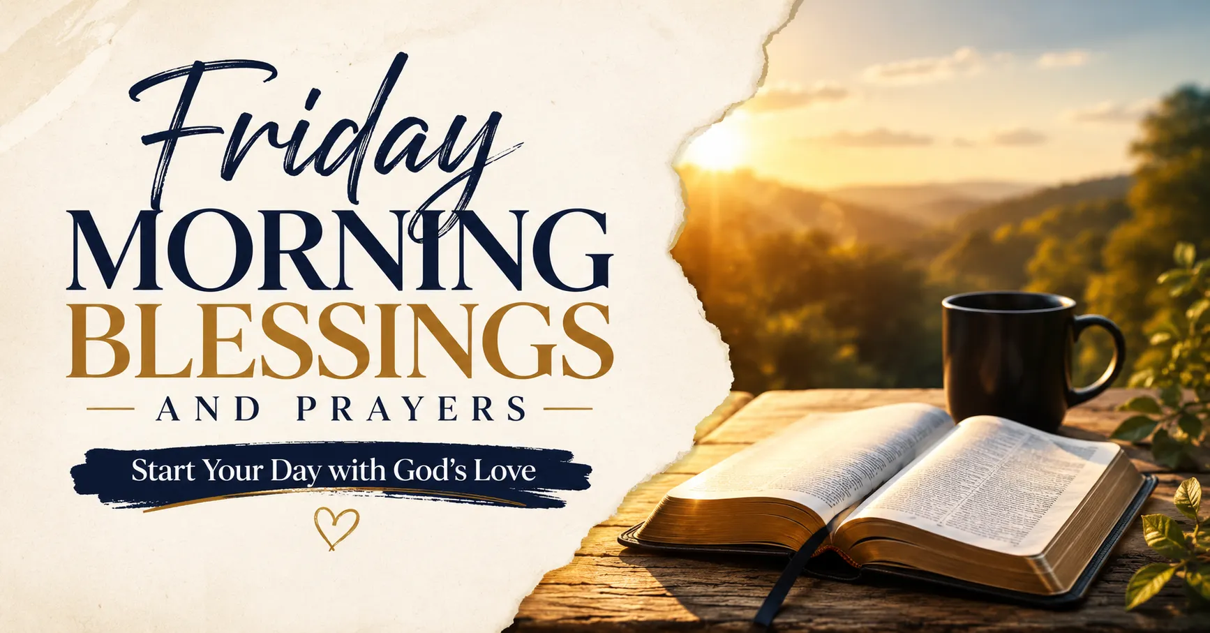 Friday Morning Blessings and Prayers featured image with an open Bible, coffee cup, and beautiful sunrise. A peaceful Christian morning scene with the message “Start Your Day with God's Love” for daily faith, prayer, hope, and encouragement.
