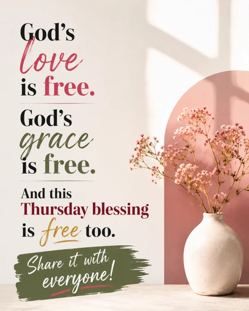 Minimal Christian Thursday poster with soft pastel colors, elegant flowers, modern typography, and a message about God's love, God's grace, and sharing blessings with others.