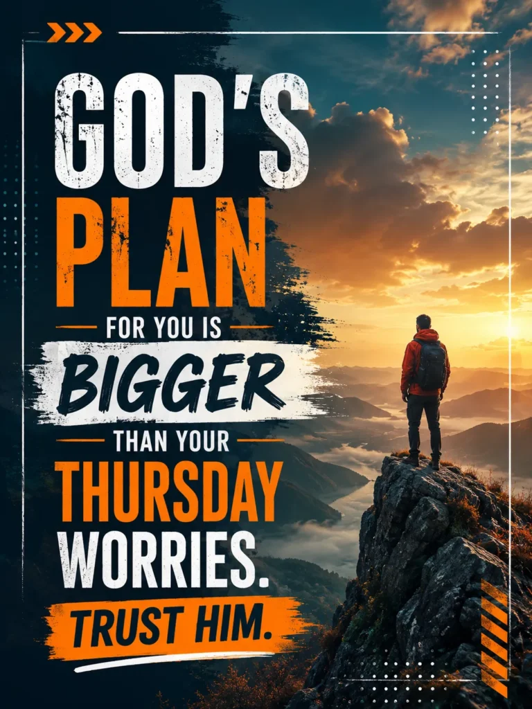 Powerful Christian motivational poster showing a person standing on a mountain cliff at sunrise with a bold faith message about trusting God's plan over Thursday worries.