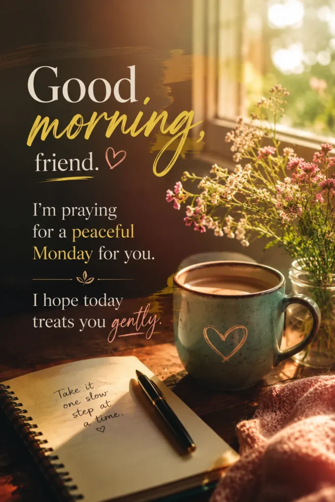 Warm good morning friendship quote with a peaceful Monday prayer and gentle words of encouragement.