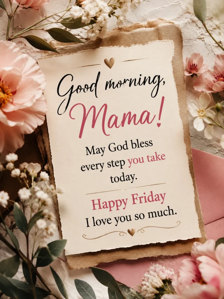 Beautiful floral good morning message for Mama with a Friday blessing and loving words.