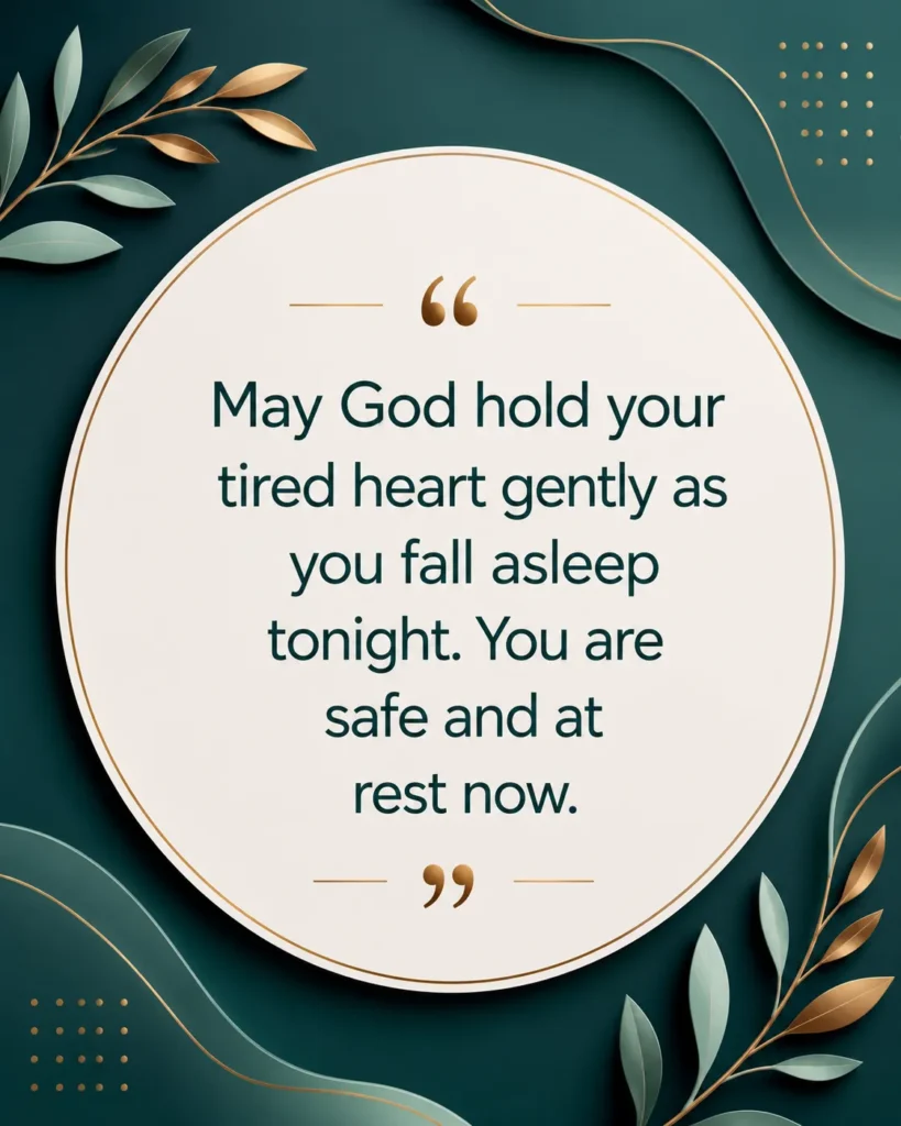 Minimal good night prayer quote poster featuring the message "May God hold your tired heart gently as you fall asleep tonight. You are safe and at rest now." with a calming premium design.