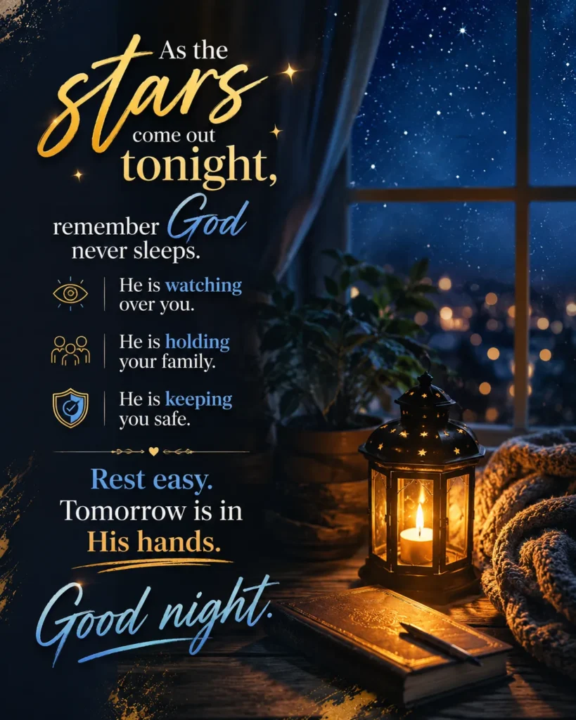 Christian good night prayer poster with a comforting faith message about God's protection, peaceful rest, family blessings, and trusting tomorrow in His hands.