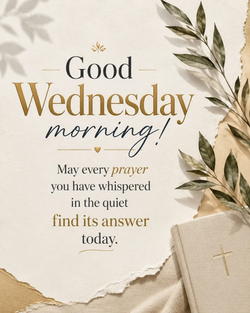 Good Wednesday morning prayer image with an inspiring blessing message about prayers being answered, featuring an elegant Christian design and peaceful faith-filled theme.