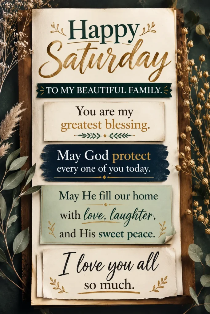 Beautiful Saturday family blessing quote with a warm message of love, peace, protection, and gratitude.