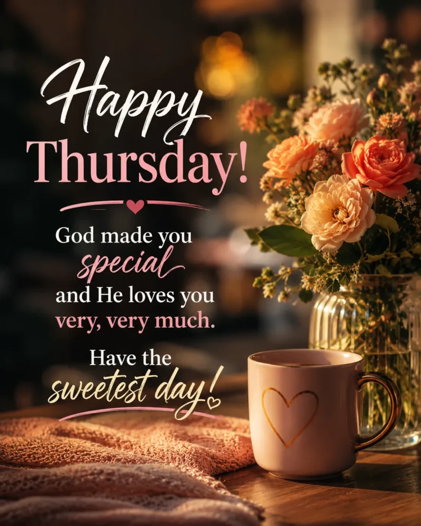 Warm and uplifting Thursday blessing image with beautiful flowers, soft golden light, elegant typography, and a message about God's love and how special you are.