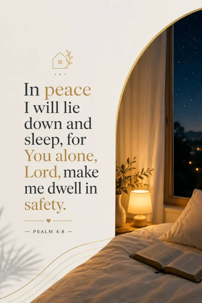 Peaceful Psalm 4:8 Bible verse artwork illustrating God’s protection, restful sleep, and the comfort of dwelling safely in His care.