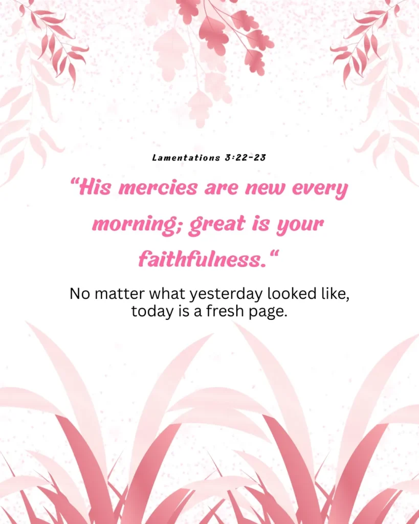 Lamentations 3:22–23 Bible verse about God's mercies being new every morning with a soft pink floral Christian background.