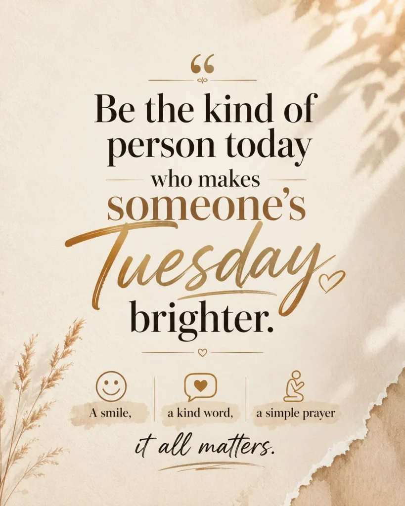 "A beautiful inspirational Tuesday poster featuring a message about kindness, smiles, and prayer. Clean typography, soft paper texture, and uplifting Christian encouragement."