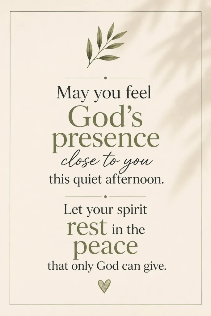 Minimal Christian inspiration poster featuring a peaceful message about God's presence, spiritual rest, faith, comfort, and the peace that only God can give.