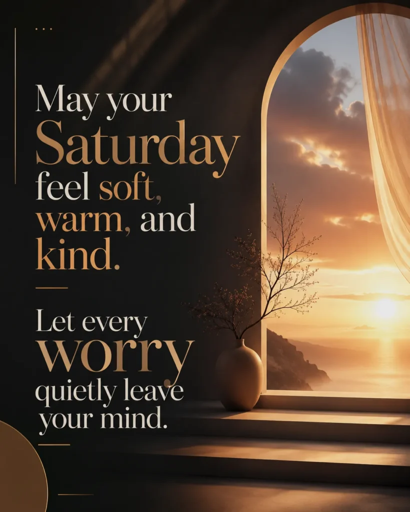Cinematic Saturday blessing quote poster with elegant typography, warm artistic lighting, and a premium inspirational design encouraging peace, kindness, and a worry-free mind.