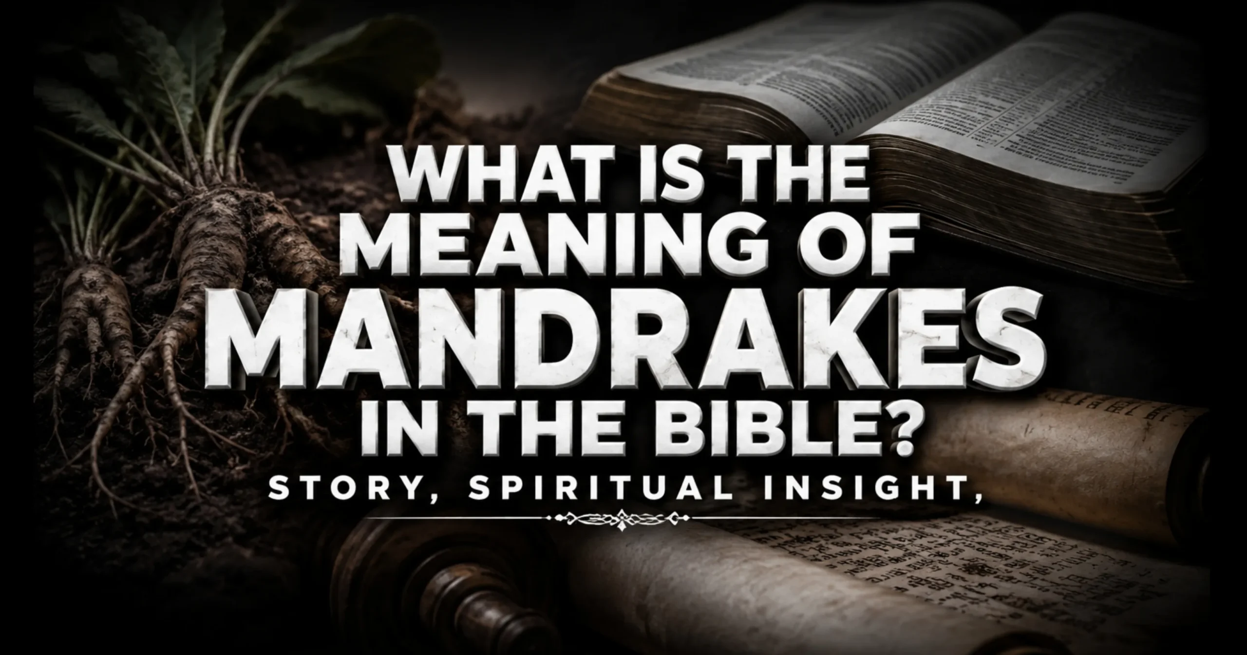 What is the meaning of mandrakes in the Bible? Open Bible with mandrake roots illustrating the biblical story and spiritual meaning.