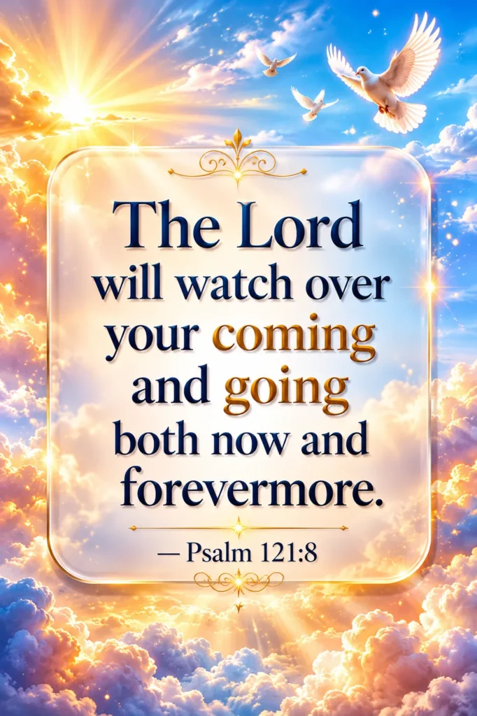 Bible verse image showing Psalm 121:8: “The Lord will watch over your coming and going both now and forevermore,” set against a peaceful glowing heavenly sky background symbolizing God’s protection and guidance.
