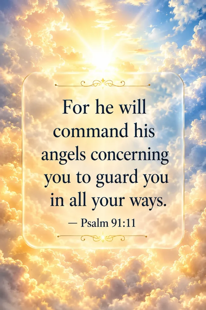 Bible verse image showing Psalm 91:11: “For he will command his angels concerning you to guard you in all your ways,” designed with a soft glowing heavenly sky background representing divine protection and angelic care.