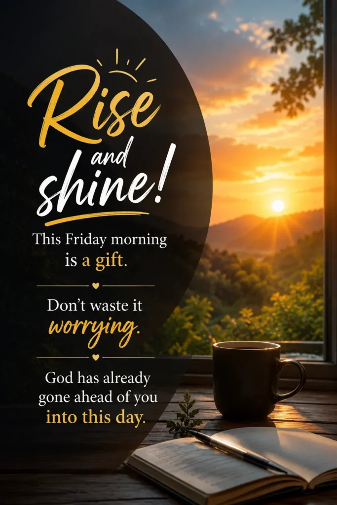 Christian Friday morning quote with a sunrise view and the message, “Rise and shine! This Friday morning is a gift. Don't waste it worrying. God has already gone ahead of you into this day.”