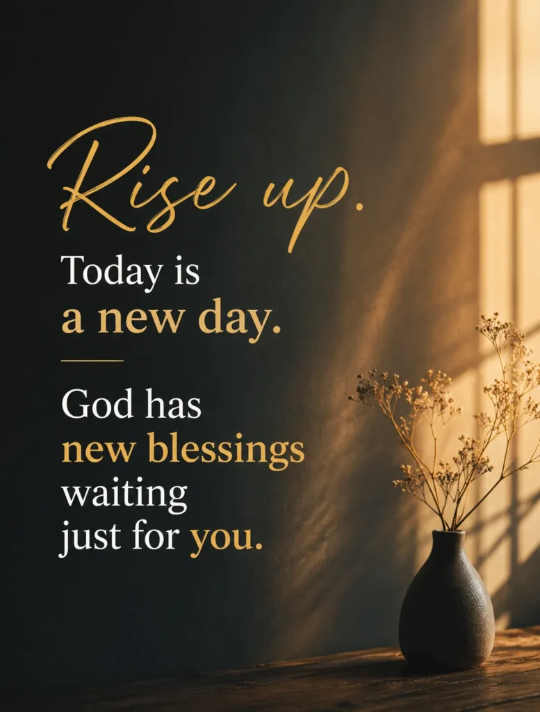 ''Inspirational Christian quote poster with warm sunlight and the message, “Rise up. Today is a new day. God has new blessings waiting just for you.”