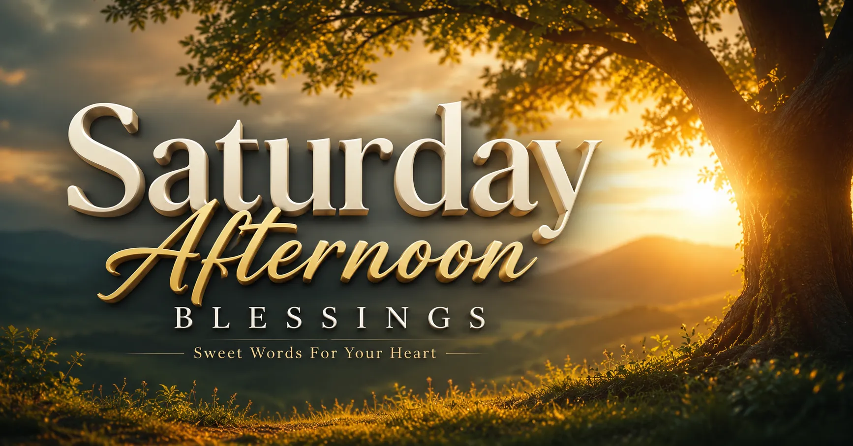 Saturday Afternoon Blessings featured image with elegant 3D typography and a peaceful golden-hour landscape, inspiring sweet words for your heart.