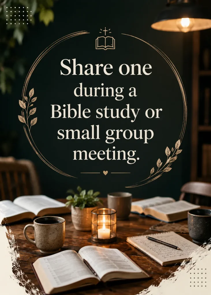 Inspirational Christian quote poster encouraging readers to share a meaningful message during a Bible study or small group meeting, featuring a warm and elegant premium design.
