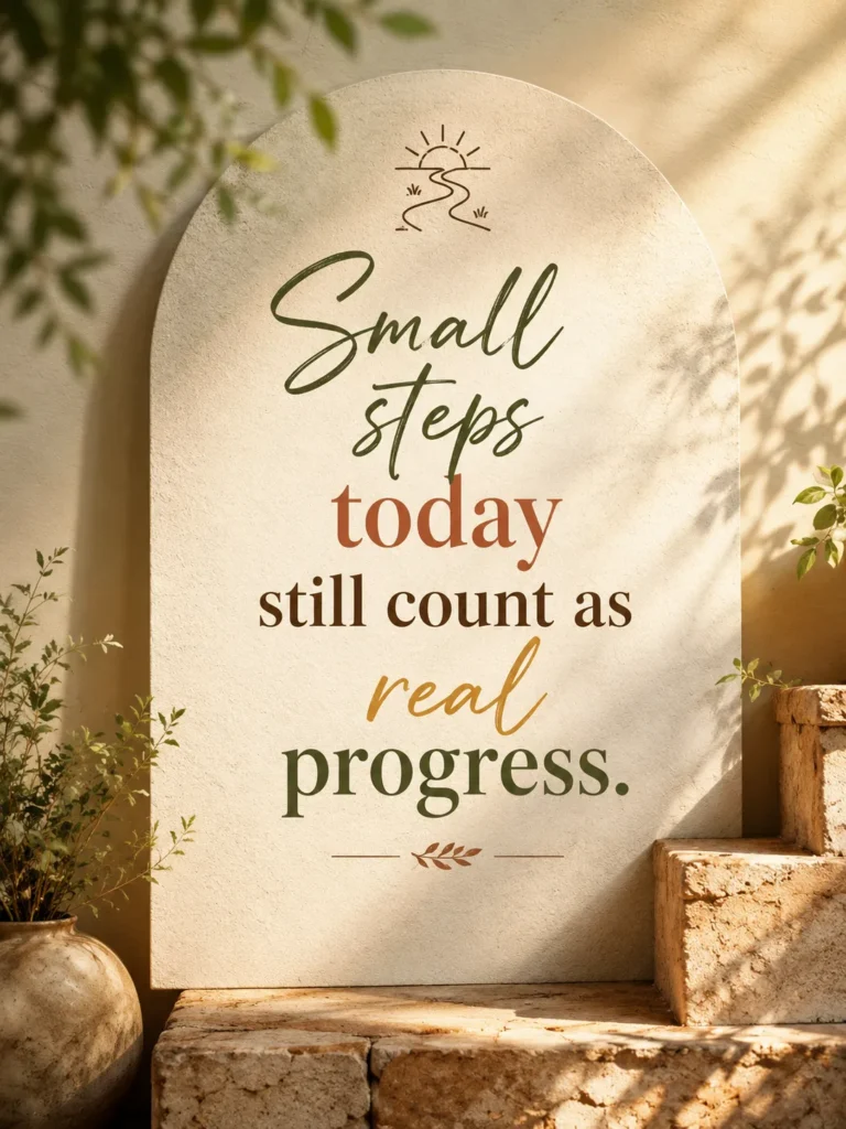 Minimal motivational quote poster featuring the message "Small steps today still count as real progress." in a modern premium design with elegant typography and warm tones.