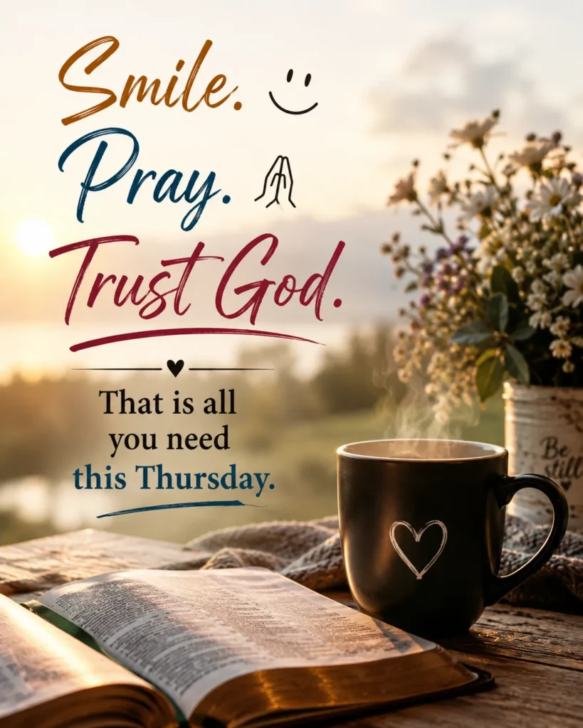 Inspirational Thursday quote image with an open Bible, hot coffee, soft sunrise light, and the message to smile, pray, and trust God.